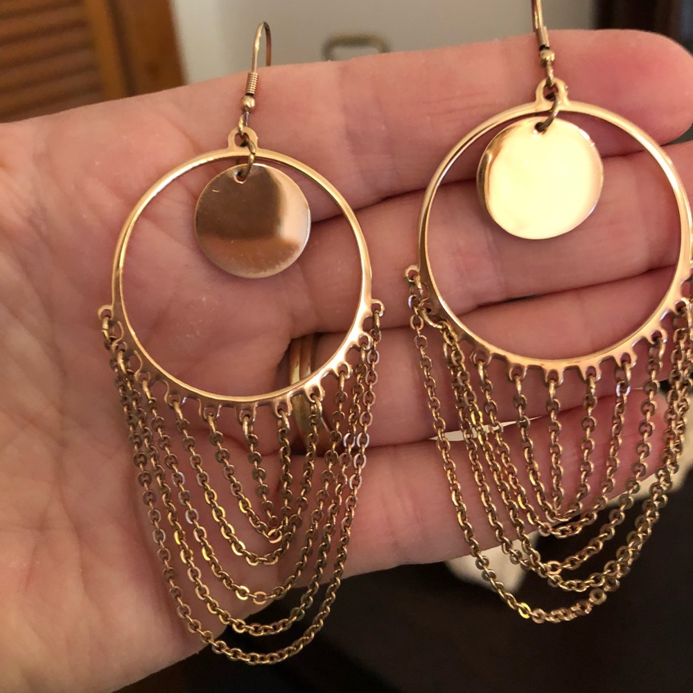 Rose Gold boho disk & chain chandeliers earrings